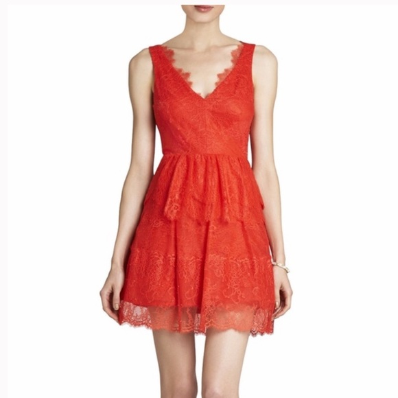 BCBGMaxAzria Elegant Bright Red Lace Mini Dress with Tiered Skirt - Size M - Picture 1 of 12